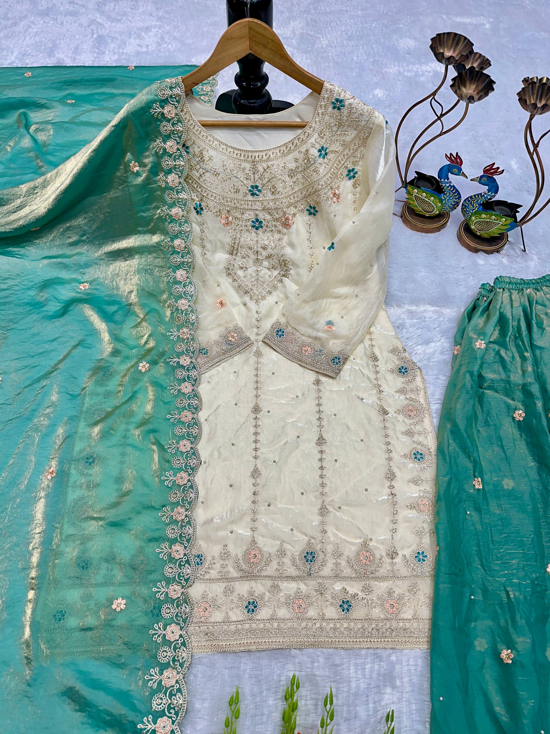 Ivory & Sea Glass Embroidered Kurta Set